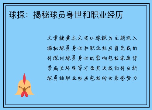 球探：揭秘球员身世和职业经历